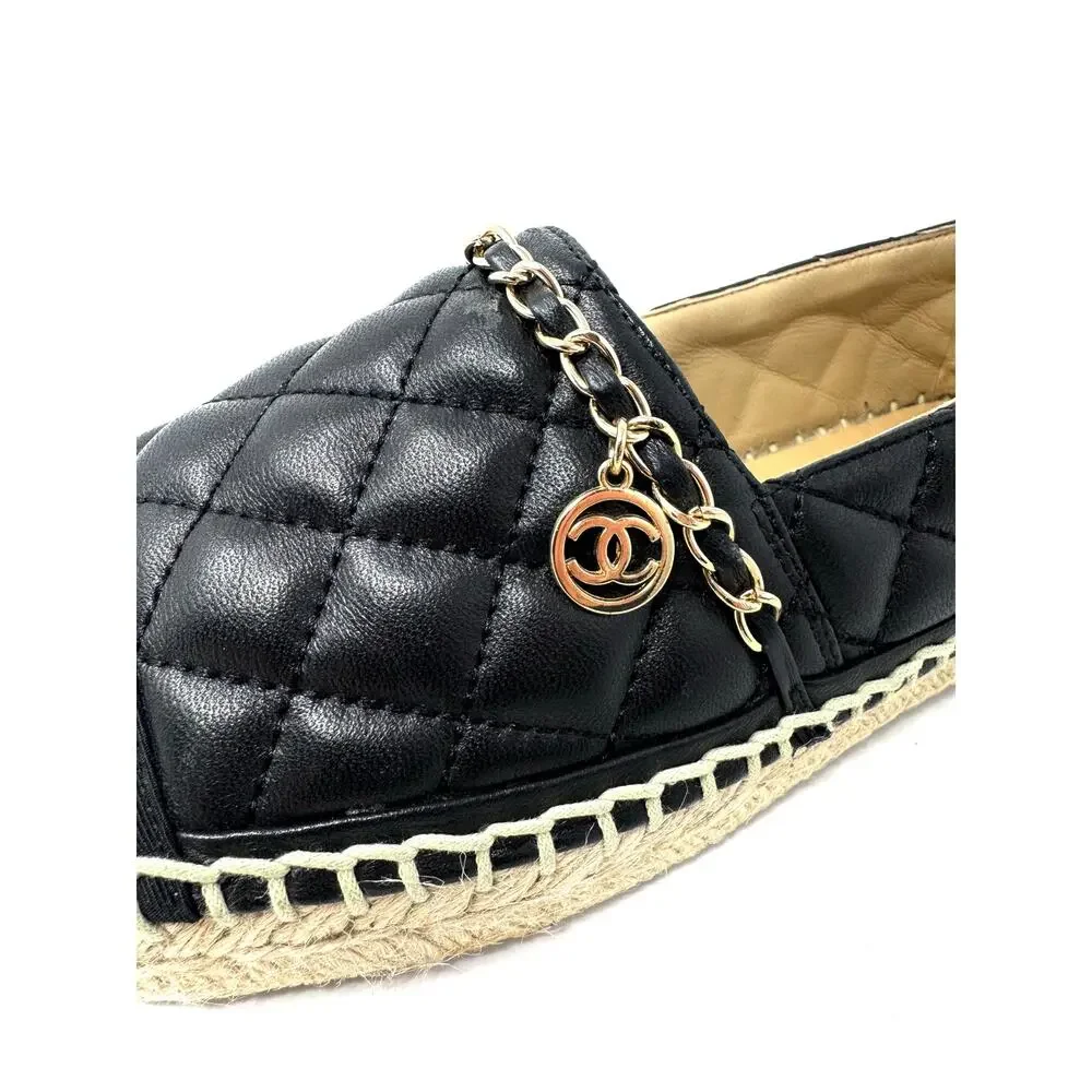 Chanel Black Quilted Leather Espadrilles w/ Gold Chain CC Charm Sz 38 | 8